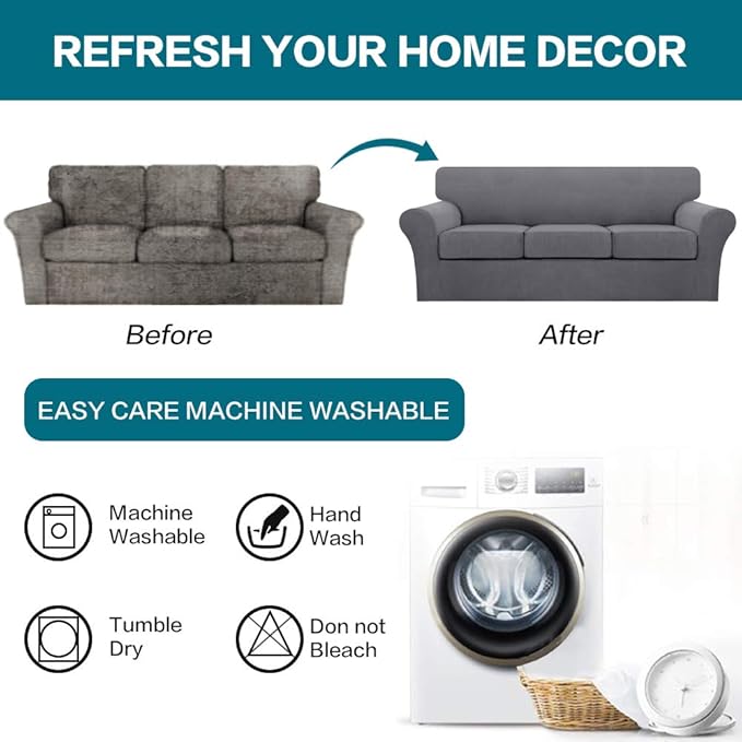 Turquoize 4 Piece Sofa Covers for 3 Cushion Couch Sofa Slipcover Soft Couch Cover for Dogs-Washable Sofa Furniture Covers with 3 Individual Cushion Covers, Jacquard Fabric (3 Cushion Sofa, Gray)