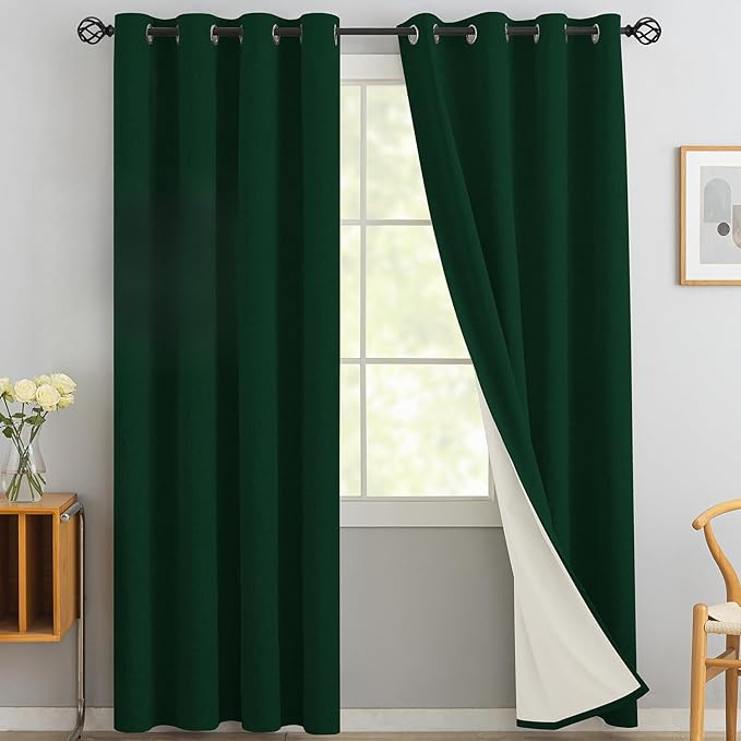 Yakamok Dark Green Linen Curtains 100% Blackout 84 Inches Long,Room Darkening Textured Drapes for Living Room Thermal Grommet Bedroom Curtains 2 Panels with White Liner