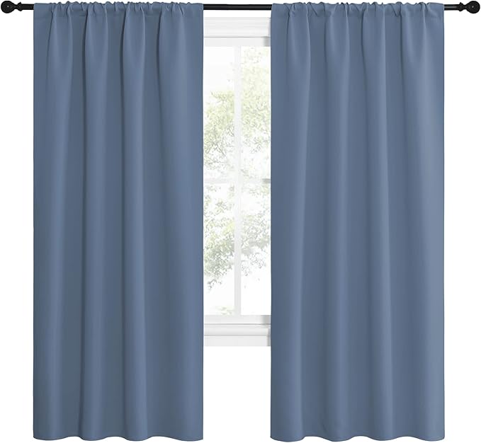 NICETOWN Stone Blue Blackout Curtains for Living Room - Triple Weave Home Decoration Thermal Insulated Solid Rod Pocket Blackout Drapes for Bedroom(Set of 2, 42 x 72 Inch)