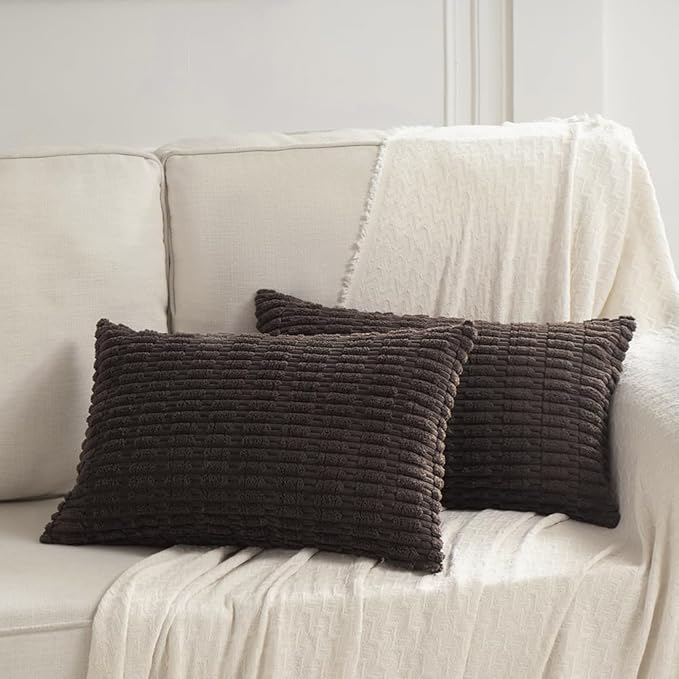 Fancy Homi 4 Packs Boho Dark Brown Decorative Throw Pillow Covers 12x20 Inch for Living Room Couch Bed Sofa, Rustic Modern Farmhouse Home Decor, Soft Plush Corduroy Cute Square Cushion Case 30x50 cm