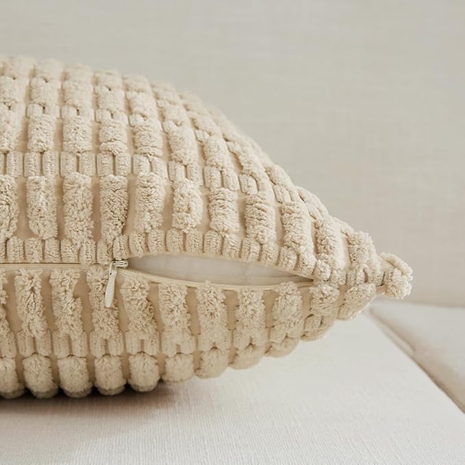 Fancy Homi 4 Packs Tan Decorative Throw Pillow Covers 12x20 Inch for Living Room Couch Bed Sofa, Beige Rustic Farmhouse Boho Home Decor, Soft Plush Striped Corduroy Square Cushion Case 30x50 cm