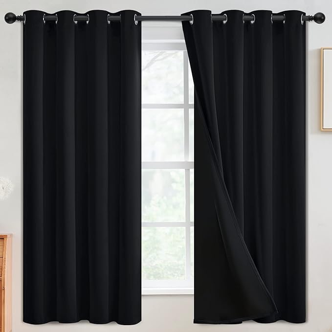 SimpleHome 100% Blackout Curtains for Bedroom,Thermal Insulated Grommet Window Drapes Room Darkening Black Curtains for Living Room with Black Back,52 x 63 Inch,2 Panels