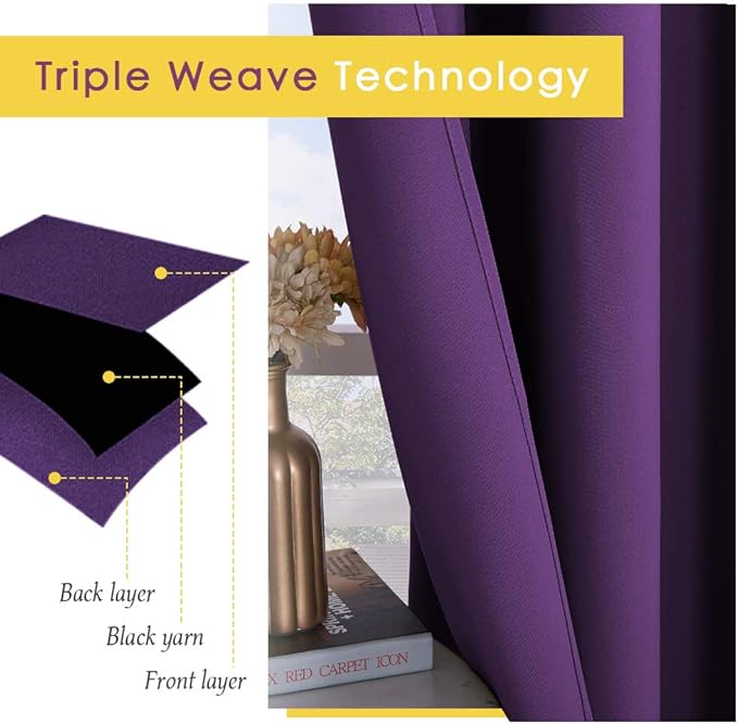 NICETOWN Blackout Window Curtains 70" L, 2 Panels, 34 inch, Royal Purple, Grommet Top Room Darkening Thermal Insulated Vertical Window Drapes Modern for Flat/Apartment