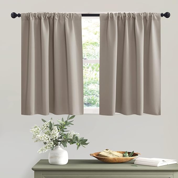 RYB HOME Short Sand Blackout Curtains for Small Bedroom Window, Insulating UV Blocking Drapes for Kitchen Cafe Basement Garage, Privacy Tiers for Bathroom Window, Width 42 by Length 36, Set of 2