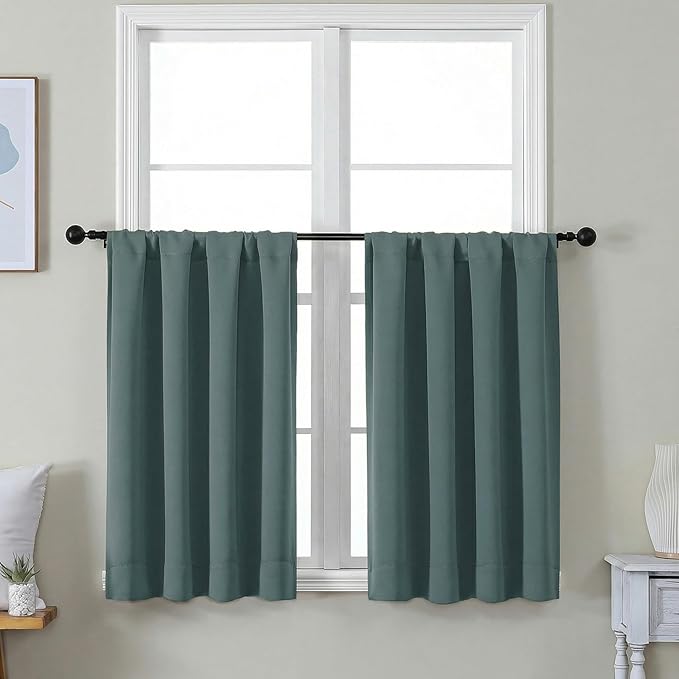 Simplebrand Ava Dark Green Short 36 Inches Blackout Curtain 2 Panels Set, Half Window Rod Pocket Privacy Curtain Tiers for Kitchen, Curtains Blackout for Bathroom Shades, W40 x L36 Inch, Dark Green