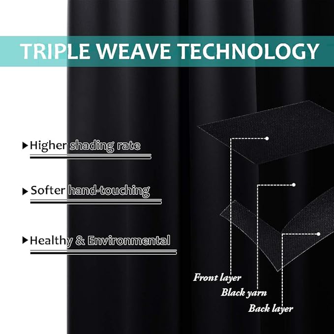 NICETOWN Cold Blocking 100% Blackout Curtains, Durable Black Lined Blackout Curtains for Bedroom, Energy Saving Long Curtains for Patio Sliding Glass Door, Black, 52 inches x 95 inches, 2 Panels