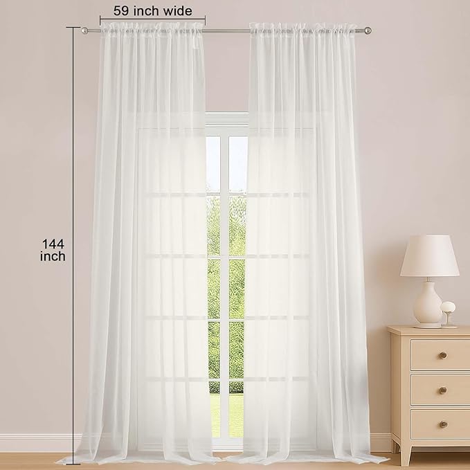 OWENIE Extra Long Ivory Sheer Curtains 144 inch 2 Panels Set, Translucent Backdrop Window Scarf Drapes for Canopy Bed/Wedding/Living Room/Anniversary, 12FT Length, Each 59Wx144L in, 2PCS, Ivory