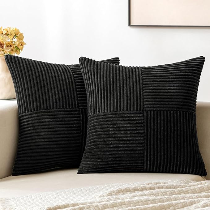 MIULEE Black Decorative Throw Pillow Covers 18x18 Inch for Couch Bed Sofa Pack of 2 Boho Farmhouse Throw Pillows Soft Cross Corduroy Patchwork Textured Cushion Cases