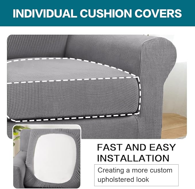 Turquoize 2 Piece Chair Covers Chair Slipcovers for Living Room Armchair Couch Cover Chair Sofa Cover with Individual Cushion Covers Furniture Cover for Chairs Feature Jacquard Fabric (Chair, Dove)