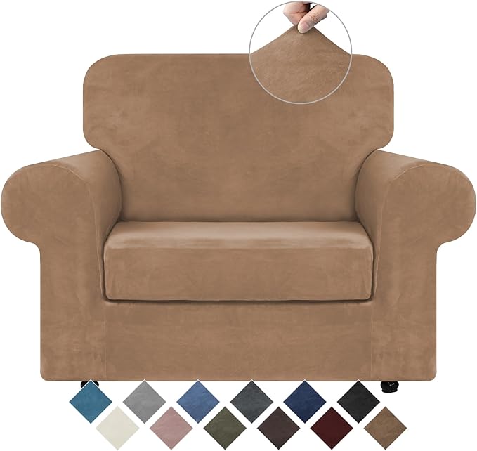 WEERRW Velvet Stretch Chair Sofa Slipcover - 2 Pieces Luxury Soft Velvet Plush Couch Cover Furniture Protector with Elastic Bottom for Pets, Machine Washable, Camel, Small