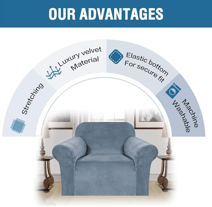 H.VERSAILTEX Stretch Velvet Armchair Cover Couch Covers 1 Cushion Chair Slipcover for Living Room Furniture Cover Crafted from Thick Comfy Rich Velour (Chair 31"-49", Stone Blue)