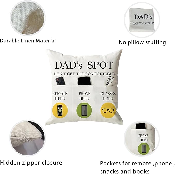 ONFAON Father's Day Throw Pillow Case, Dad's Spot Throw Pillow Covers 18 x 18 Inch，Dad Gifts from Daughter Son，Birthday Christmas Thanksgiving Day Gifts for Papa Stepdad ，3-Pocket