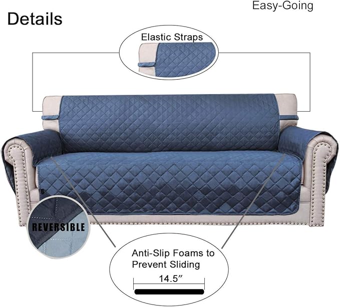 Easy-Going 4 Seater Sofa Slipcover Reversible Sofa Cover Water Resistant Couch Cover with Foam Sticks Elastic Straps Furniture Protector for Pets Children Dog Cat (XX-Large, Dark Blue/Light Blue)