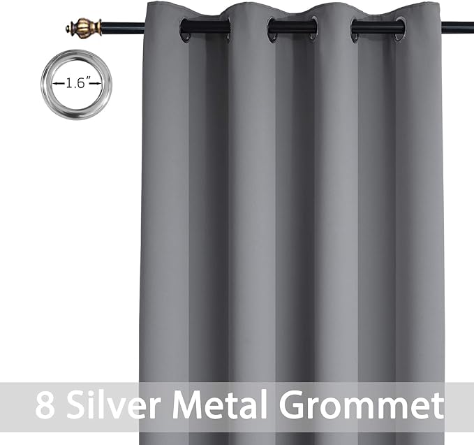 Yakamok Grey Blackout Curtains for Bedroom, Light Blocking Thermal Insulated Grommet Blackout Drapes for Living Room(52W by 45L, Grey, 2 Panels)