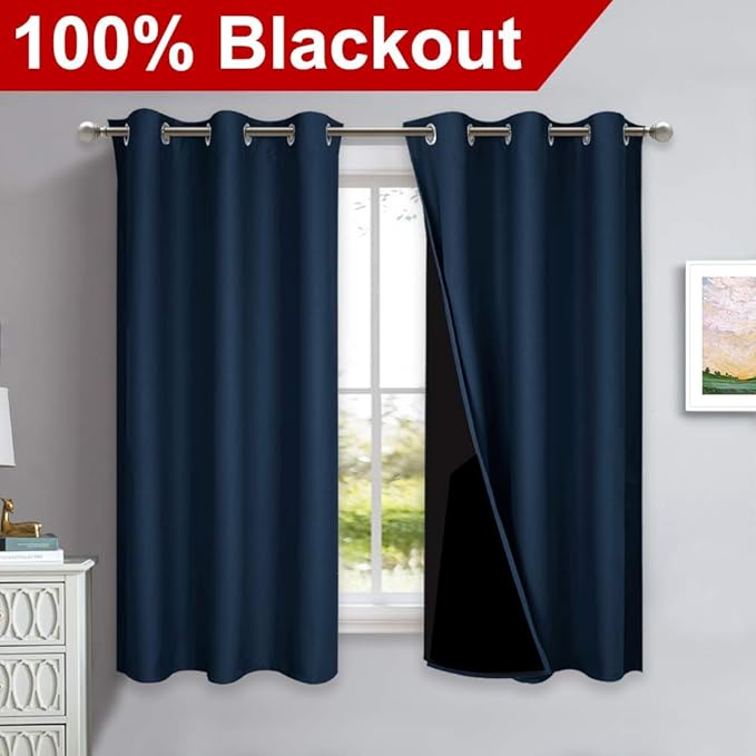 NICETOWN 100% Blackout Short Curtain Panels, Thermal Insulated Black Liner Curtains for Nursery Room, Noise Reducing and Cold Blocking Drapes for Windows (Set of 2, Navy Blue, 37" Wide by 63" Long)