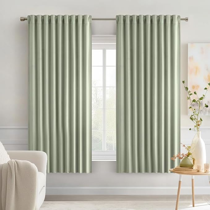 MIULEE Sage Green Back Tab Blackout Curtains 63 Inch Length 2 Panels Set for Living Room Bedroom Privacy, Rod Pocket/Pinch Pleat Thermal Insulated Room Darkening Pleated Light Blocking Drapes