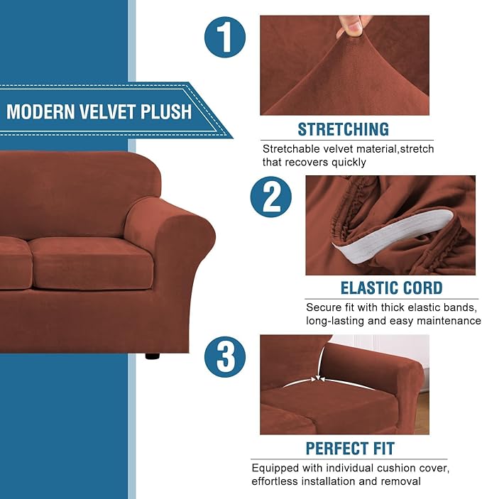 H.VERSAILTEX High Stretch Sofa Slipcover 4 Piece Cover Velvet Furniture Protector Form Fit Thick Velvet Extra Large Sofa Cover for 3 Cushion Couch Width Up to 97 Inch (Large Sofa, Rust)