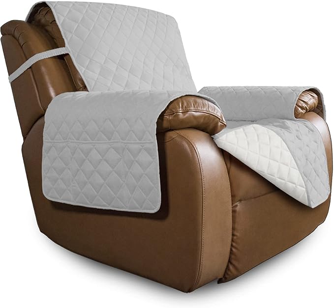 Easy-Going Oversized Recliner Cover Reversible Couch Cover Sofa Cover for Living Room Water Resistant Furniture Protector with Elastic Straps for Pets Dog (Oversized Recliner, Light Gray/Ivory)