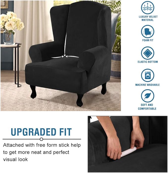 H.VERSAILTEX Wingback Chair Covers Velvet Plush Wing Chair Slipcover 1 Piece High Stretch Wing Back Chair Slipcovers Sofa Cover Furniture Cover with Elastic Bottom, Black