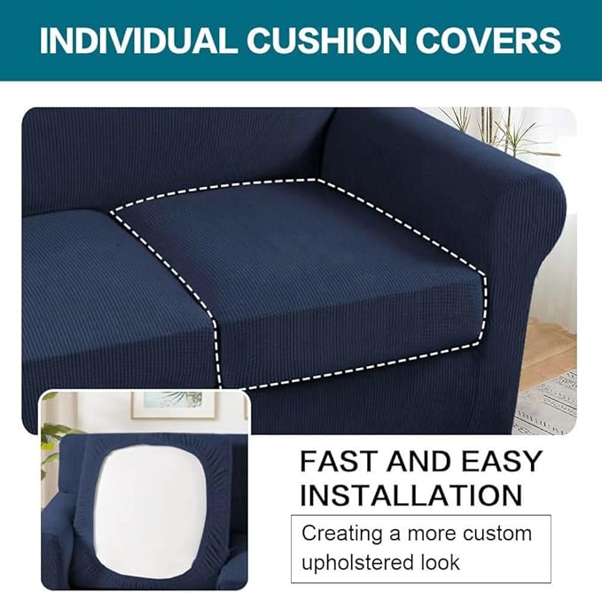 Turquoize 3 Piece Sofa Covers for 2 Cushion Couch Sofa Slipcover Soft Couch Cover for Dogs-Washable Sofa Furniture Covers with 2 Individual Cushion Covers, (2 Cushion Sofa, Navy)