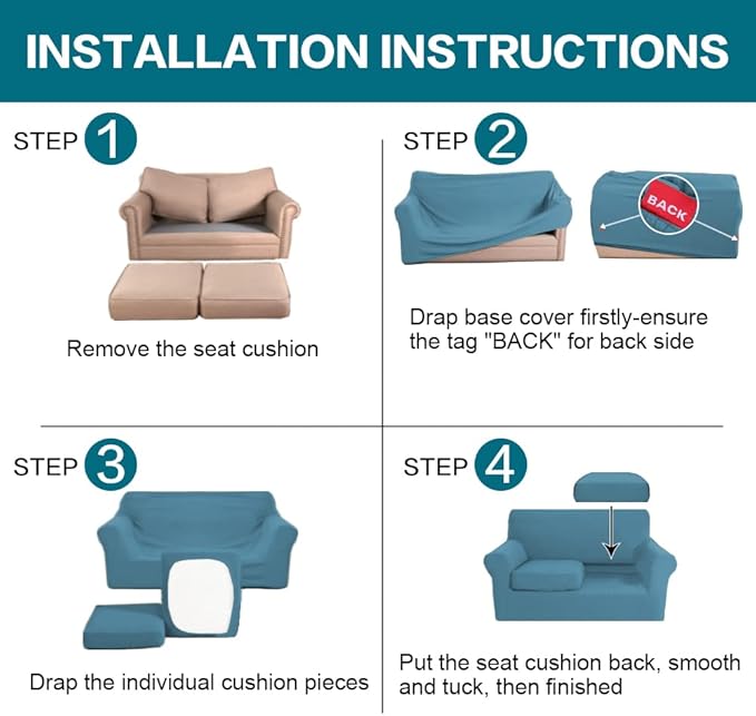 Turquoize 3 Piece Sofa Covers for 2 Cushion Couch Sofa Slipcover Soft Couch Cover for Dogs-Washable Sofa Furniture Covers with 2 Individual Cushion Covers (2 Cushion Sofa, Storm Blue)