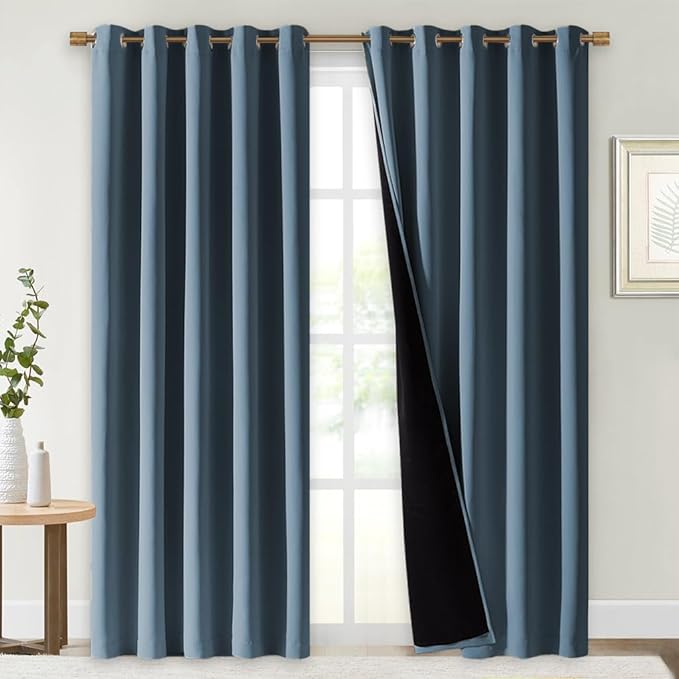 NICETOWN 100% Blackout Window Curtain Panels, Smoky Blue, 2 PCs, 62" Wide Each Panel, Cold and Full Light Blocking Drapes with Black Liner for Nursery, 84" Drop Thermal Insulated Draperies