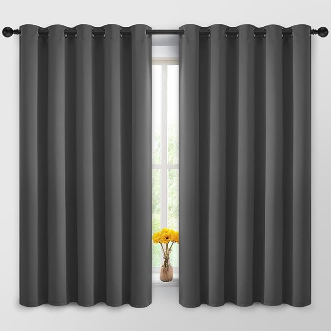 Yakamok 63 Inch Long Blackout Curtains for Bedroom, Thermal Insulated Room Darkening Curtains, Light Blocking Blackout Drapes for Living Room- 2 Panels, 62x63 Inch, Charcoal Grey