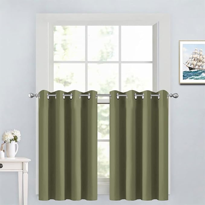 Yakamok Window Treatment Kitchen Drapes - Plain Solid Grommet Top Short Curtains for Kitchen Window(52Wx36L, Sage, 2 Panels)