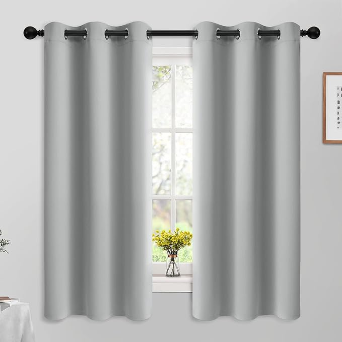 Yakamok 63 Inch Length Blackout Curtains for Bedroom, Thermal Insulated Room Darkening Grommet Top Window Drapes for Living Room,Light Grey,42W x 63L,2 Panels