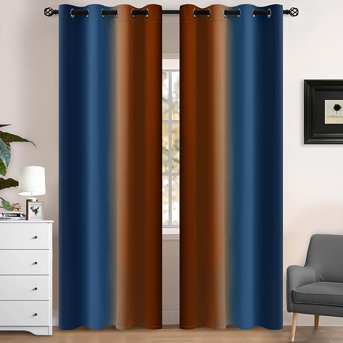 Yakamok Blackout Ombre Dark Blue and Burnt Orange Curtains-Gradient Room Darkening Curtain, Grommet Thermal Insulated Light Blocking Window Drapes Curtain for Living Room Bedroom,52 x 84 Inch,2 Panels