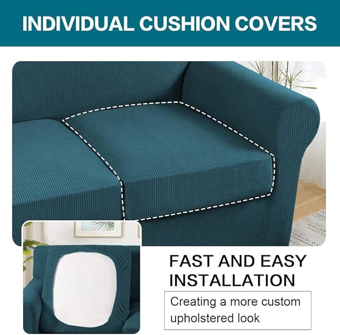 Turquoize 3 Piece Sofa Covers for 2 Cushion Couch Sofa Slipcover Soft Couch Cover for Dogs-Washable Sofa Furniture Covers with 2 Individual Cushion Covers, Thick Jacquard Fabric (Loveseat, Deep Teal)