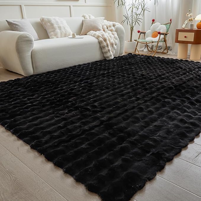 Black Rabbit Plush Rug 8'x10', Fluffy Faux Fur Shaggy Area Rug for Nursery, Kids Room Decor, Soft Fuzzy Carpet for Living Room, Bedroom, Teen Girls Room