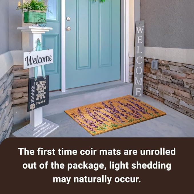 KANKUN Coco Coir Door Mat with Heavy Duty Backing, Welcome Doormat (17" x 30"), Doormat Entrance (Lavender Floral)