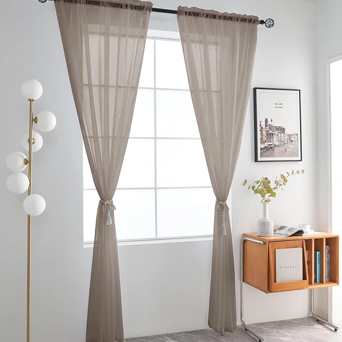 SpaceDresser Basic Rod Pocket Sheer Voile Window Curtain Panels Taupe 1 Pair 2 Panels 52 Width 54 Inch Long for Kitchen Bedroom Children Living Room Yard（Taupe, 52W x 54L）