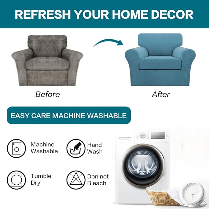 Turquoize 2 Piece Chair Covers Armchair Slipcovers for Living Room Armchair Sofa Cover with Individual Cushion Covers Feature Jacquard Fabric (Chair, Storm Blue)