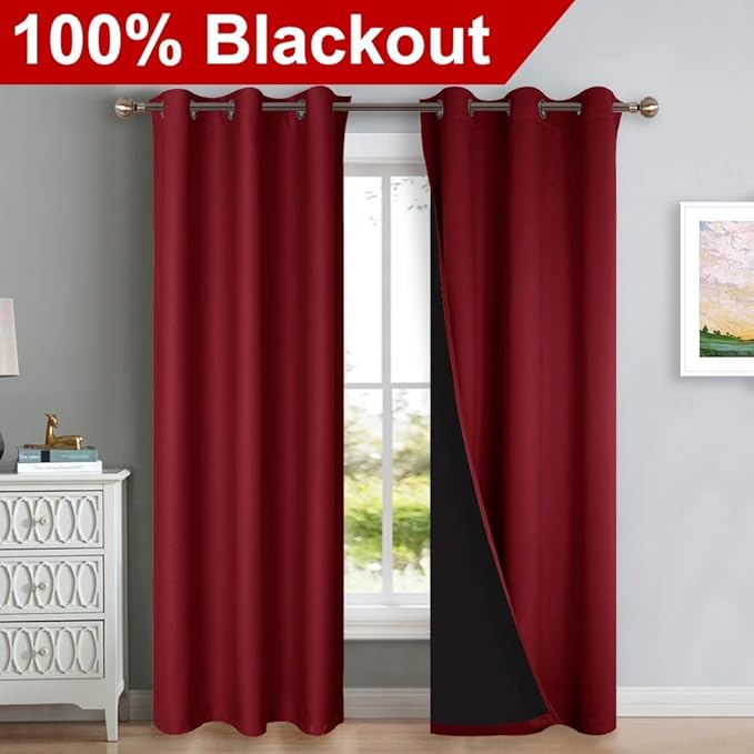 NICETOWN Blackout Curtains 80 inches Long, Full Light Blocking Drapes with Black Liner for Nursery, Thermal Insulated Draperies for Hall, Villa (Burgundy Red, 2 Pieces, 42" Wide Each Panel)