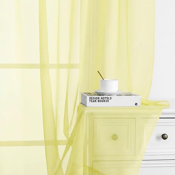 Chyhomenyc Sheer Curtains 108 Inch Length 2 Panels Set - Extra Long Light Filtering Solid Voile Window Drapes for Living Room Bedroom, 42Wx108L, 9FT Length, Light Yellow