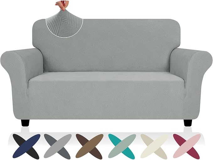 ZNSAYOTX Super Stretch Loveseat Covers (57"-70"), New Striped Love Seat Slipcover, Dogs Pet Friendly Anti-Slip Couch Protector Spandex Durable 2 Seater Fabric Sofa Cover(Light Grey, Loveseat)