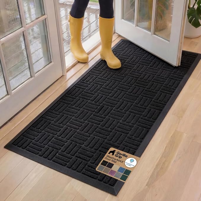 GORILLA GRIP 100% Waterproof All-Season WeatherMAX Doormat, 60x24, US Designed Natural Rubber, Stain and Fade Resistant, Low Profile Indoor Outdoor Door Mats, Easy Clean Patio Mat, Midnight Maze
