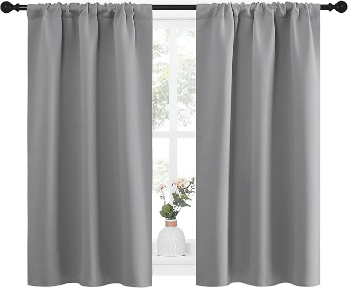 NICETOWN Short Room Darkening Curtains for Kitchen - Home Decoration Thermal Insulated Rod Pocket Blackout Blinds & Drapes for Small Windows (Silver Grey, 2 Panels, W34 x L45 -Inch)