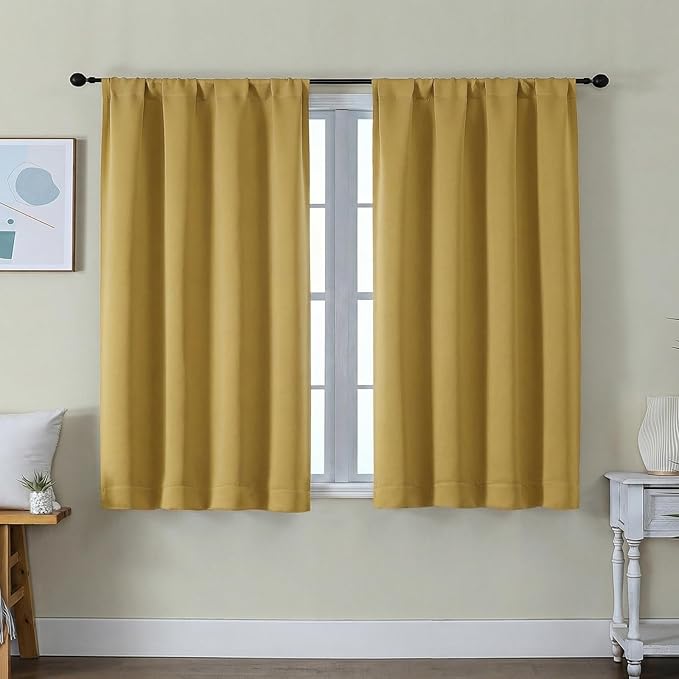 Simplebrand Ava Bright Gold Short Blackout Curtains for Bedroom 45 Inches Long 2 Panels Set, Solid Thermal Insulated, Energy Saving Window Treatment Curtains Blackout Drapes, W40 x L45 Inch