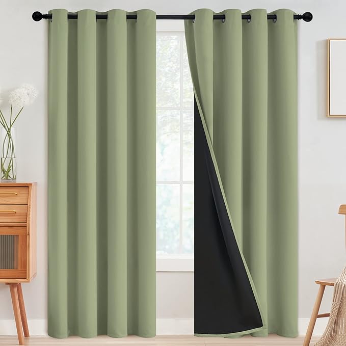 SimpleHome 100% Blackout Curtains for Bedroom,Thermal Insulated Grommet Window Drapes Room Darkening Sage Curtains for Living Room with Black Back,52 x 96 Inch,2 Panels