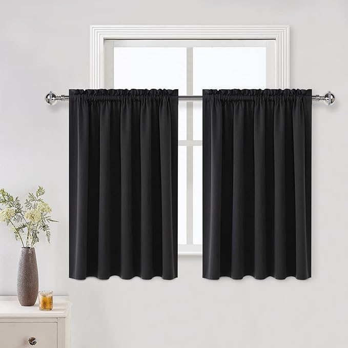 DWCN Short Black Blackout Curtains for Half Window - Room Darkening Thermal Insulated Kitchen and Bedroom Curtains 60x36 inches Long, Set of 2 Window Curtain Panels