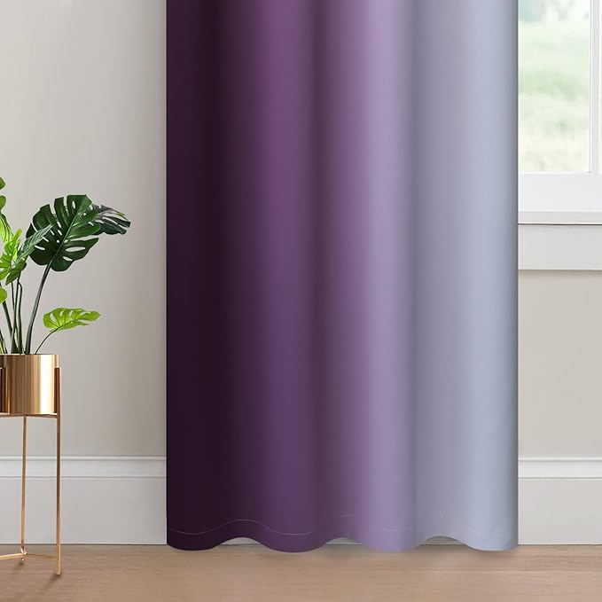 Yakamok Room Darkening Gradient Color Ombre Curtains, Light Blocking Thermal Insulated Grommet Window Drapes for Living Room/Bedroom (Greyish White and Purple, 2 Panels, 52x96 Inch)