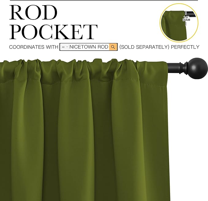 NICETOWN Window Curtains Blackout Drapes for Christmas Decoration, Thermal Insulated Solid Rod Pocket Blackout Curtains/Draperies for Living Room (One Pair,42 by 63-Inch,Olive Green)