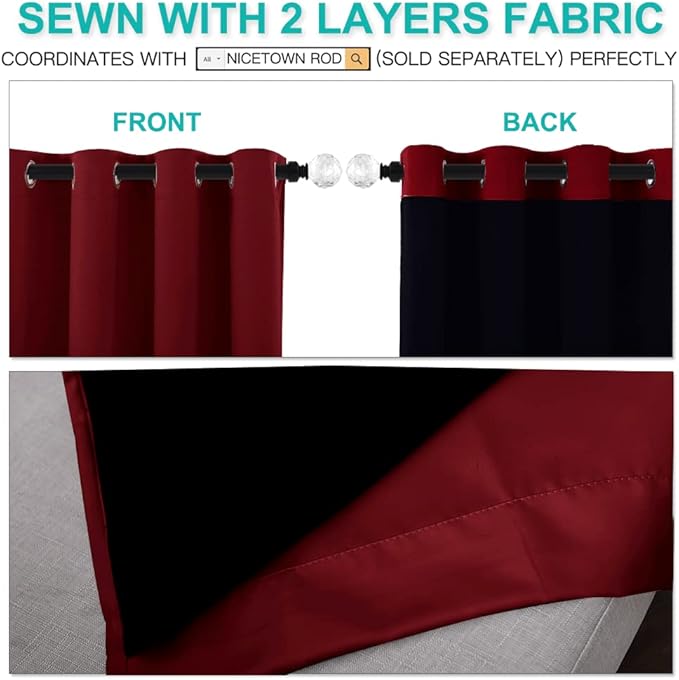 NICETOWN 100% Blackout Panels, Thermal Insulated Black Liner Curtains for Kitchen Room, Cold Blocking Drapes for Window Decoration (Set of 2, Burgundy Red, 42-inch Wide by 63-inch Long)