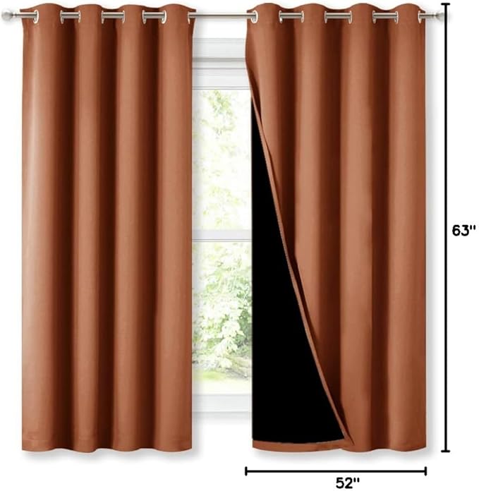 NICETOWN Burnt Orange 100% Blackout Lined Curtains, 2 Thick Layers Completely Blackout Window Treatment Thermal Insulated Drapes for Kitchen/Bedroom (1 Pair, 52" Width x 63" Length Each Panel)