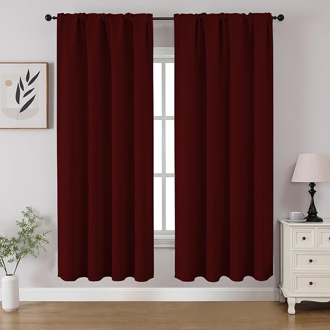 CUCRAF Burgundy Red Blackout Curtains 63 inch Length 2 Panels Set, Rod Pocket Room Darkening Drapes for Bedroom Living Room, Insulated Thermal Light Blocking Window Curtain (W52 x L63 Inch)