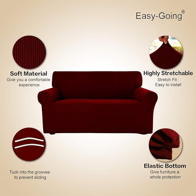 Easy-Going Stretch Loveseat Slipcover 1-Piece Sofa Cover Furniture Protector Couch Soft with Elastic Bottom for Kids Polyester Spandex Jacquard Fabric Small Checks (Loveseat, Wine)