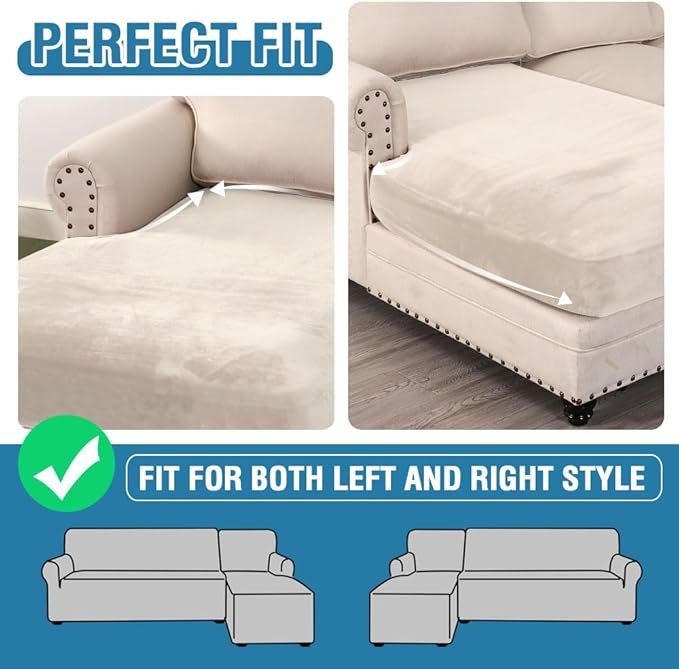 H.VERSAILTEX Velvet Stretch Individual Chaise Cover Sectional Couch Covers for L Shaped Sofa Both Left/Right Furniture Protector Seat Cushion Sofa Cover (1 Piece Chaise Cover, Ivory)